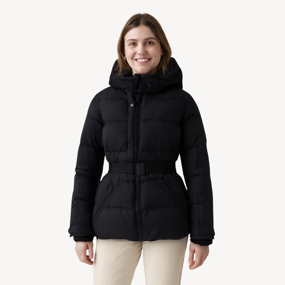 Women’s Hooded Puffer Jacket with Belt – Modern Quilted Design