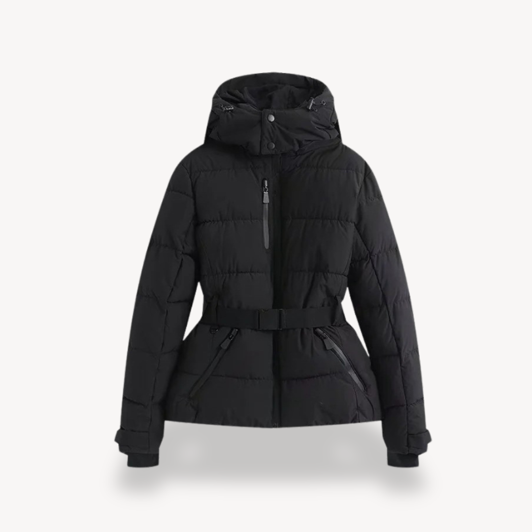 Women’s Hooded Puffer Jacket with Belt – Modern Quilted Design